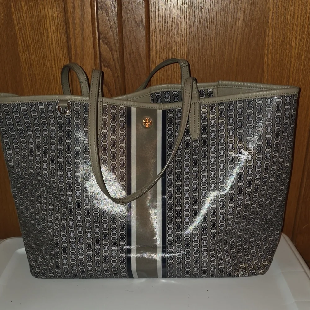 Tory Burch Gray Logo Canvas Tote with Center Stripe